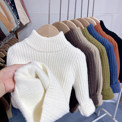 一体绒毛衣女童冬季加厚打底衫男童半高领儿童宝宝内搭加绒针织衫