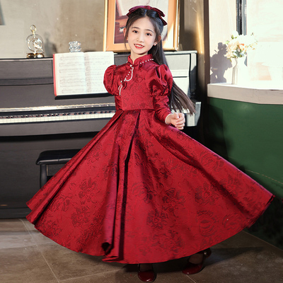 女童生日公主裙高端花童女孩中国风主持人红色旗袍儿童晚礼服春秋