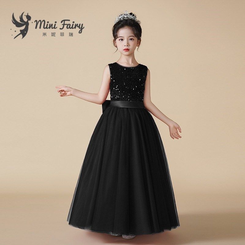 女童高端亮片晚礼服黑色合唱指挥服钢琴演出服长款网纱蓬蓬裙定制