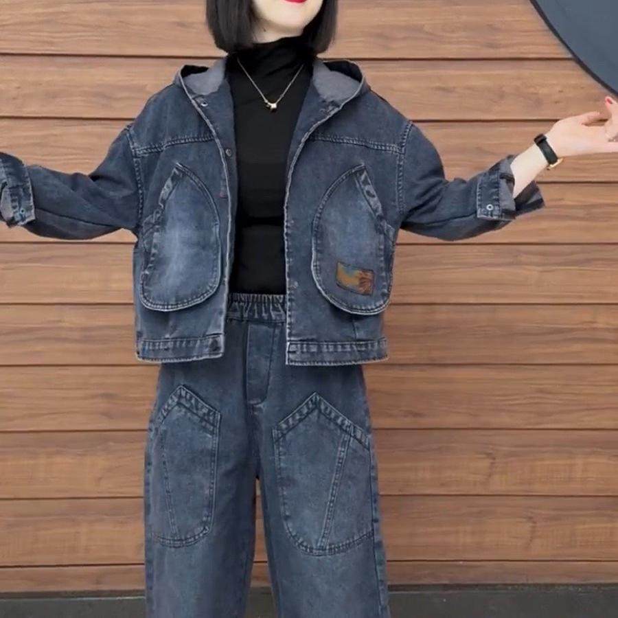 韩版休闲时尚连帽牛仔套装女大口袋2024春秋新款洋气显瘦两件套女,女装/女士精品,时尚套装,淘宝优惠券,粉丝福利购,淘宝优惠卷