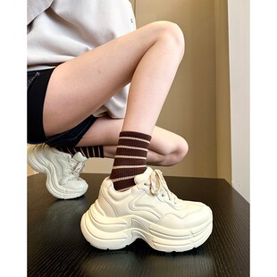 奶油奶盖色+真皮松糕厚底白色小个子老爹鞋女韩版系带运动休闲鞋