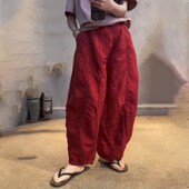 红色大尺码 棉麻宽裤 女2025年夏季 欧货正品 新款 百搭高级感休闲
