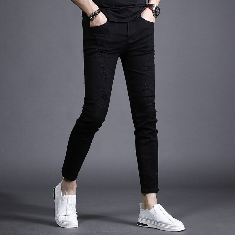 纯黑色破洞九分牛仔裤男修身小脚裤弹力百搭个性显瘦潮流9分裤男