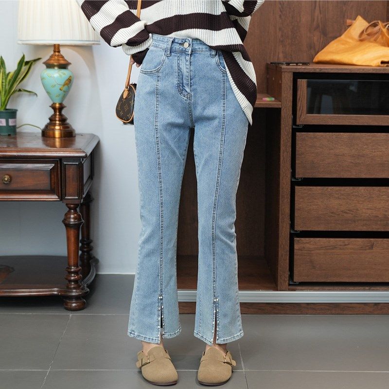 重工钉珠  微喇牛仔裤大码秋新款胖mm弹力时髦显瘦裤子开叉阔腿裤,女装/女士精品,大码裤装,淘宝优惠券,粉丝福利购,淘宝优惠卷