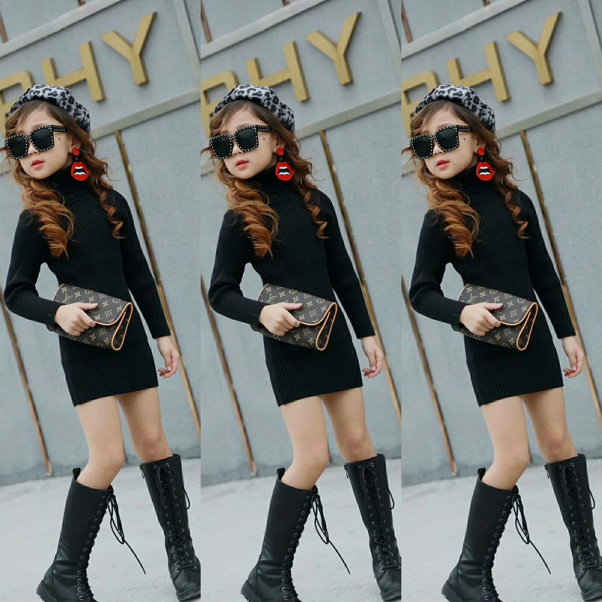 女童黑色打底长版裙子2023秋冬新款儿童宝宝高领加长连身紧身毛衣