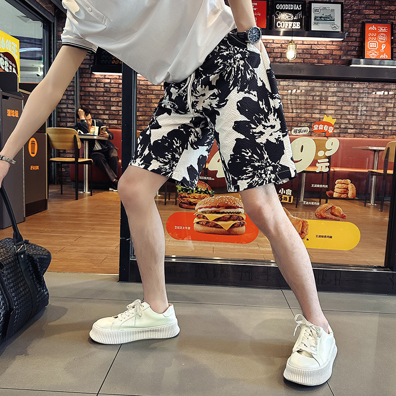 黑色牡丹满花直筒短裤男2024夏季潮流休闲速干五分裤子宽松沙滩裤