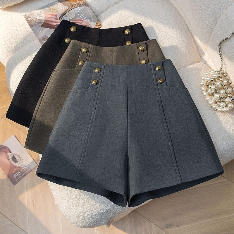 灰色口袋西装短裤女2025夏季百搭高腰a字阔腿裤显瘦小个子休闲裤,女装/女士精品,休闲裤,淘宝优惠券,粉丝福利购,淘宝优惠卷