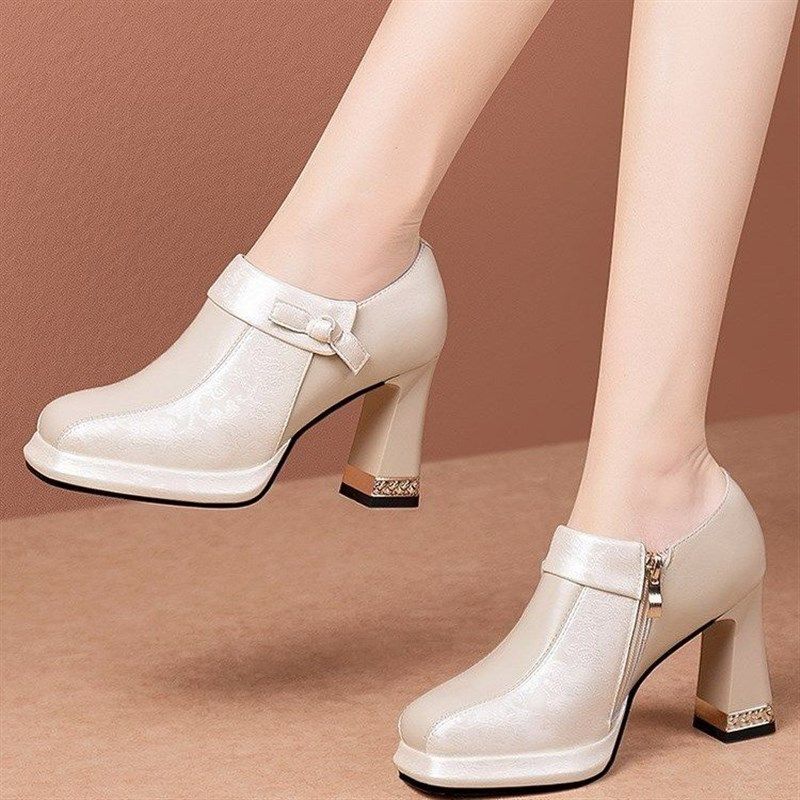 方头粗跟深口单鞋女真皮2025新款防水台高跟鞋百搭女士皮鞋不累脚,女鞋,深口单鞋,淘宝优惠券,粉丝福利购,淘宝优惠卷