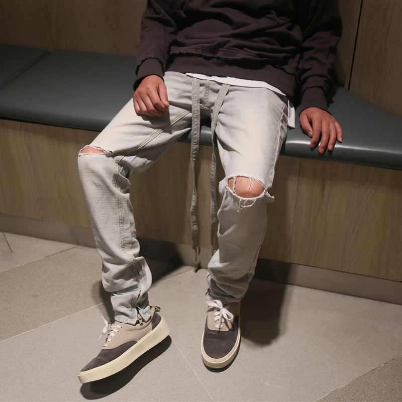 FOG高品质6TH浅蓝色破洞飘带修身小直筒做旧反水洗侧拉链牛仔裤潮