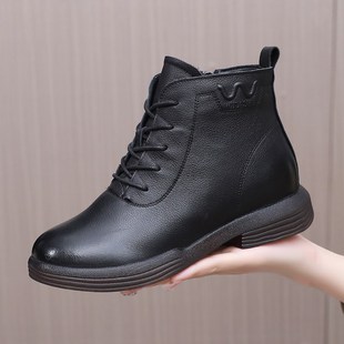 秋冬季真皮鞋子全牛皮马丁靴子软底软面平底妈妈短靴女加绒二棉鞋