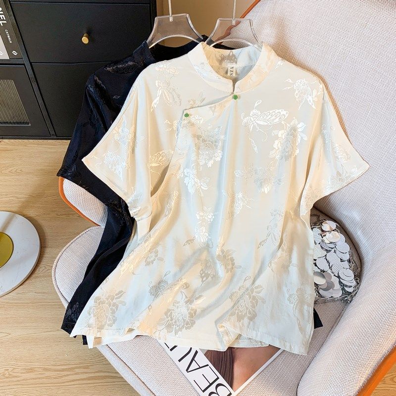 新中式国风提花缎面斜襟盘扣短袖T恤女夏季钉珠垂感小衫茶服上衣,女装/女士精品,T恤,淘宝优惠券,粉丝福利购,淘宝优惠卷
