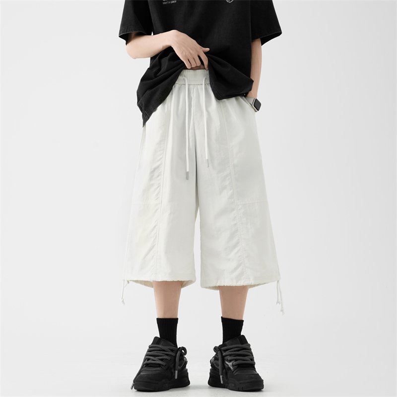 青少年夏季薄款日系黑色阔腿短裤男宽松大码直筒简约潮流七分裤子