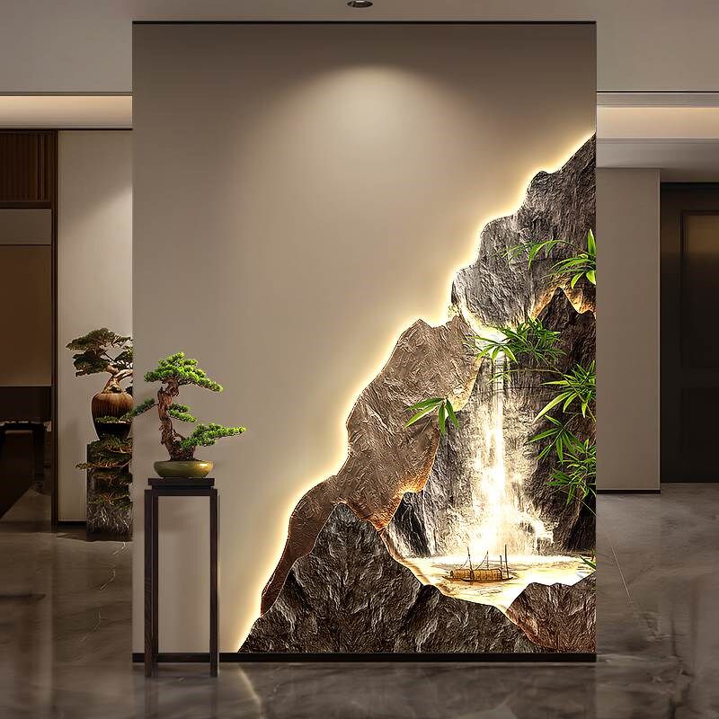 流水生财玄关转角装饰画聚宝盆走廊拐角墙面挂画竹子入户带灯壁画