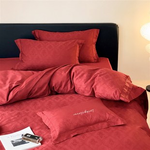 高级感婚庆复古提花100纯棉四件套红色全棉结婚被套床单床上用品