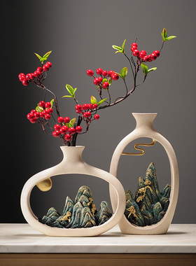 新中式花瓶摆件客厅插花玄关电视柜迎客松屏风装饰禅意博古架摆设