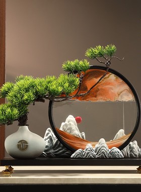 玄关装饰摆件迎客松新中式高档流沙工艺品办公室茶室角几假山摆设