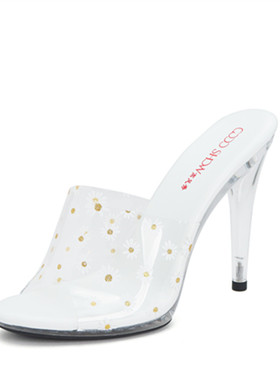 2020夏季超高跟鞋11CM细跟透明水晶凉拖鞋小碎花时尚凉鞋百搭