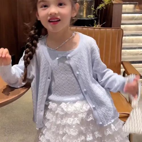 女童套装2025春季新款洋气儿童花边蛋糕裙时髦针织开衫三件套春装