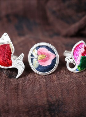 春风屿可爱圆形孔雀刺绣s老绣蜡染戒指民族风个性绣花可调节指环0