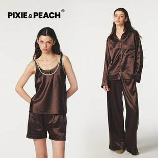 芘卡熙气质女士睡衣秋季高级撞色棕高品位百搭四件套装2025新款