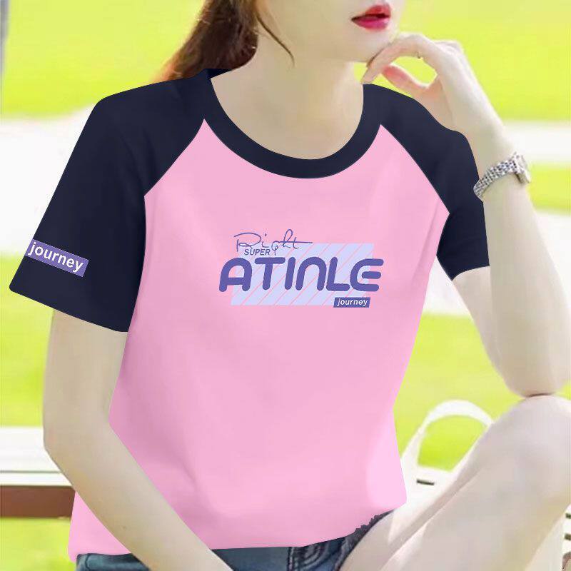 纯棉撞色插肩袖短袖印花T恤女