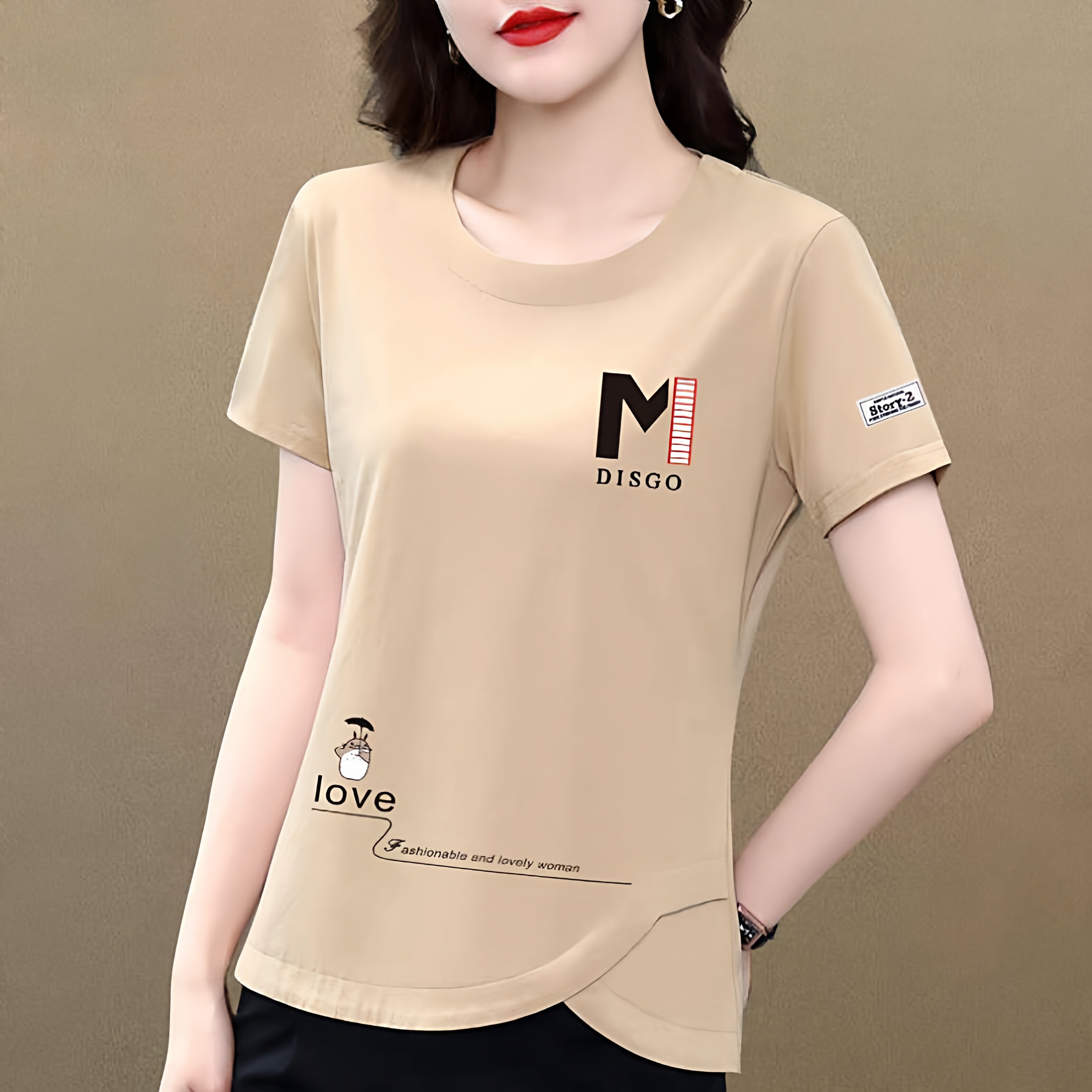 100%纯棉短袖印花弧形T恤女