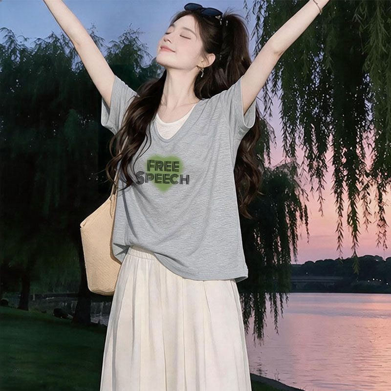 韩系竹节棉短袖V领假两件T恤女