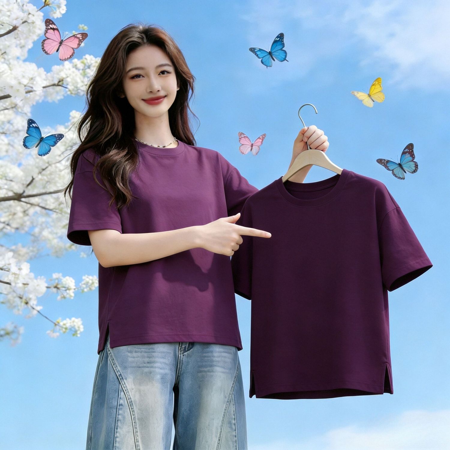 葡萄紫含棉开叉圆领T恤女