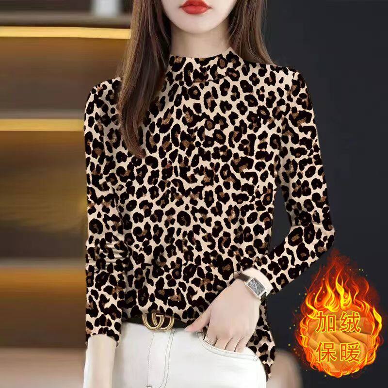 秋冬女士加绒加厚豹纹打底衫卫衣时尚洋气韩版百搭大码显瘦上衣服