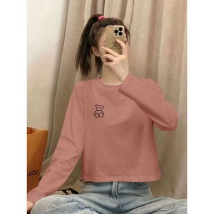 春秋时尚短款长袖纯棉圆领T恤女韩版宽松显瘦通勤小个子套头上衣