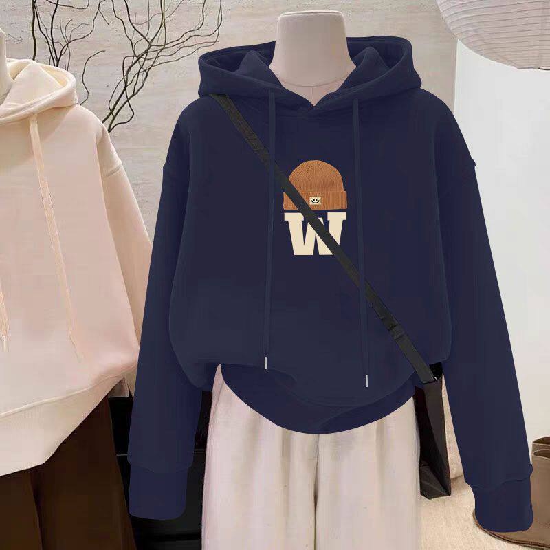 加绒加厚连帽纯棉短款卫衣女秋冬时尚韩版百搭宽松显瘦小个子外套