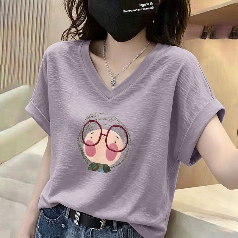 飞飞袖竹节棉短袖V领印花T恤女