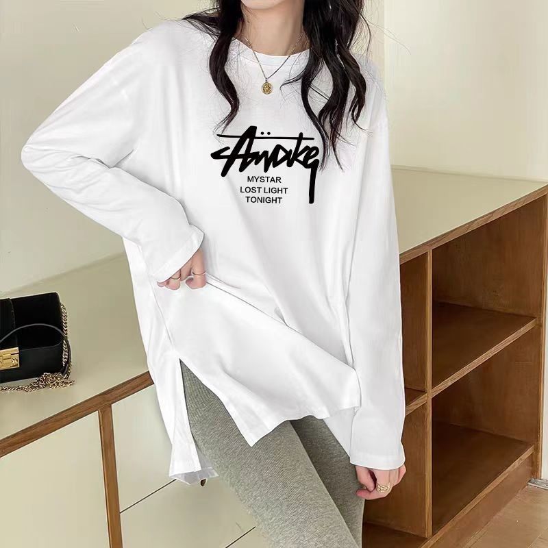 秋冬新款纯棉中长款加绒开叉打底衫T恤女时尚潮流洋气内搭上衣服