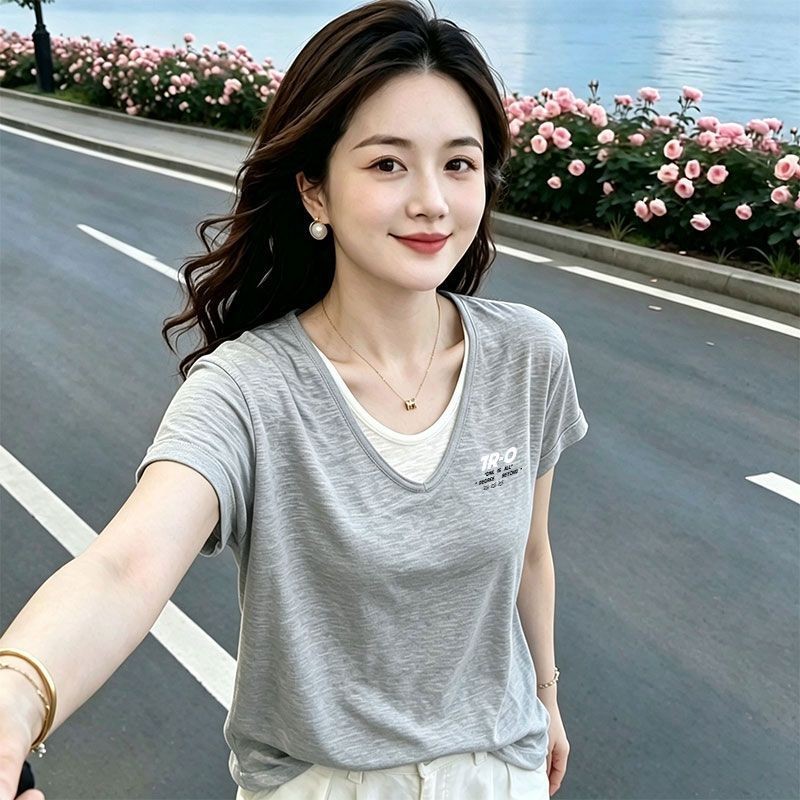 女士竹节棉短袖V领假两件T恤