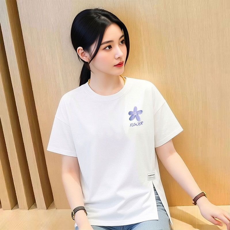 纯棉白色中长款短袖开叉T恤女