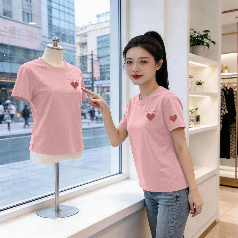 新款纯棉粉色短袖圆领T恤女