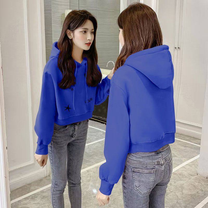 克莱因蓝加绒加厚连帽短款纯棉卫衣女秋冬新款韩版显瘦小个子上衣