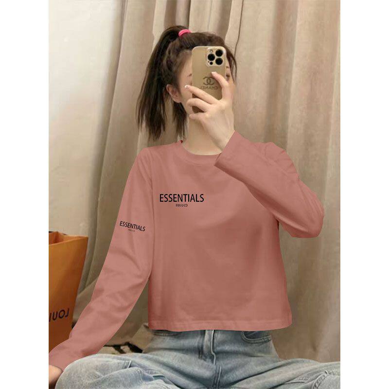 春秋短款高腰长袖印花T恤女时尚潮流百搭显瘦小个子显高圆领上衣