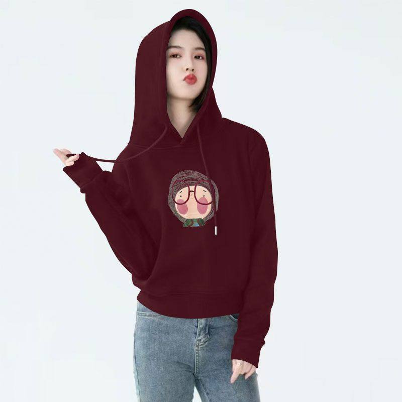 纯棉复合银狐绒连帽短款卫衣女