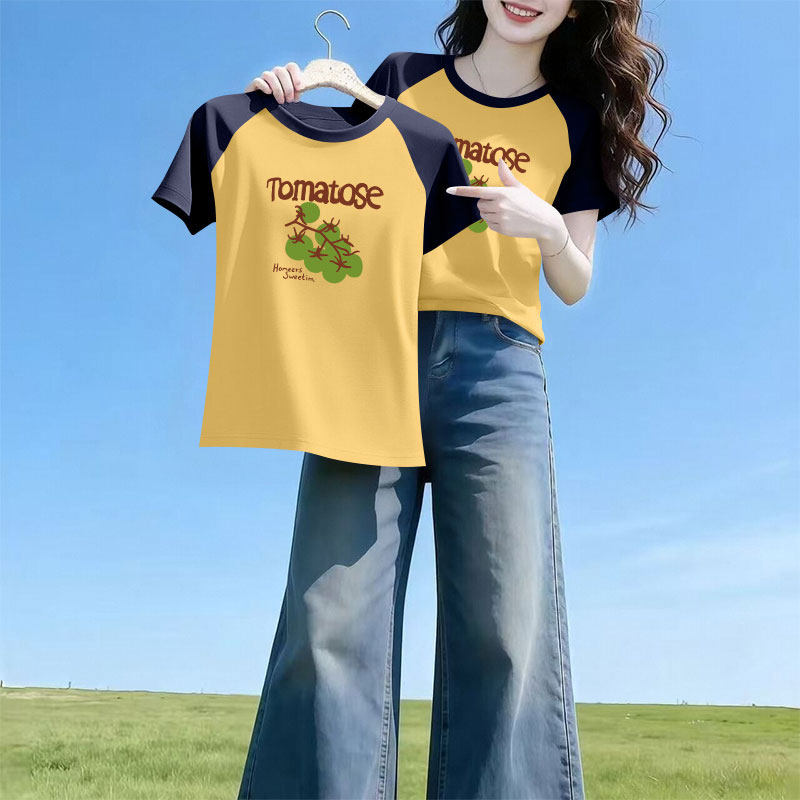 纯棉插肩袖短袖撞色T恤女夏