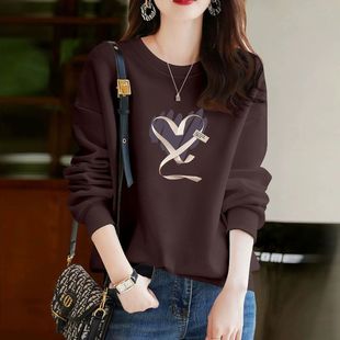 深咖色时尚纯棉长袖套头卫衣女春秋新款韩版宽松显瘦印花圆领上衣
