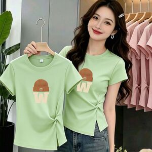 薄荷绿短袖开叉韩系T恤女夏