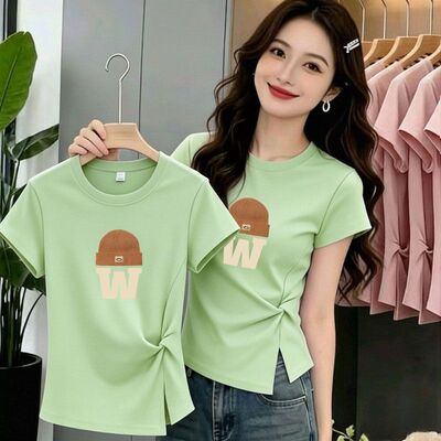 薄荷绿短袖开叉韩系T恤女夏