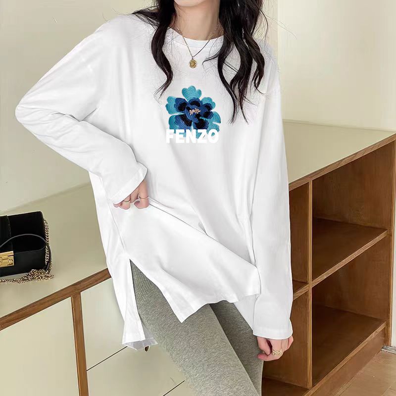 中长款长袖纯棉开叉打底衫女