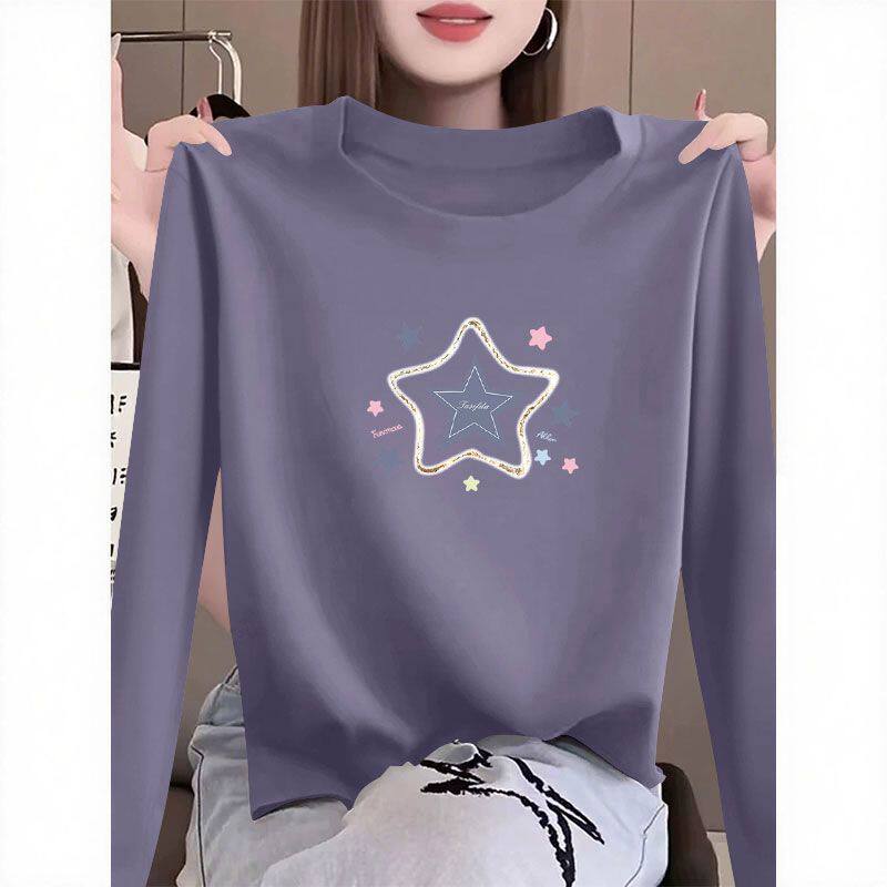 春秋100%纯棉圆领长袖印花T恤女时尚洋气通勤百搭宽松显瘦ins上衣