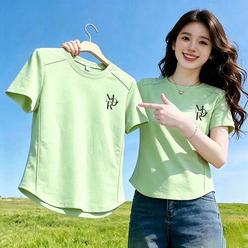 韩系清新柠檬绿短袖弧形T恤女
