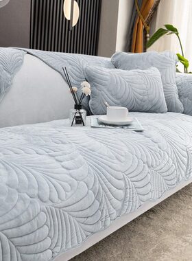 灰色毛绒沙发垫子简约现代高端四季通用防滑纯色轻奢皮套罩巾盖布