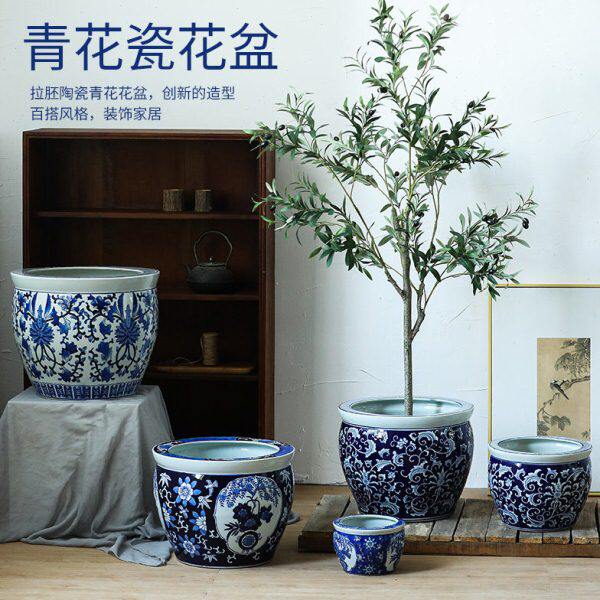 陶瓷鱼缸装饰大型落地青花瓷睡莲碗莲家用户外庭院摆件种植绿植