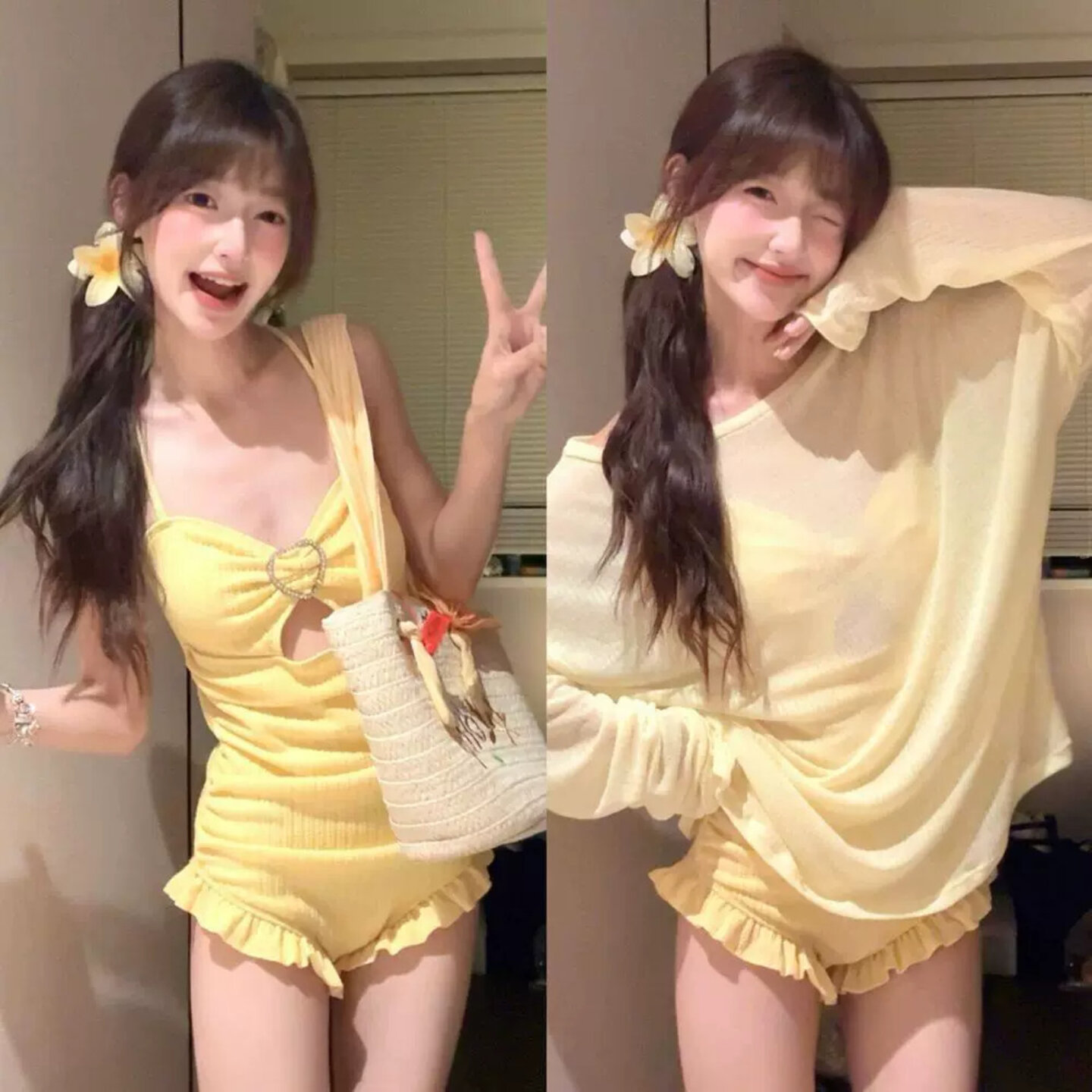 MissBud泳衣女显瘦保守显白清新荷叶边美背罩衫防晒遮肉温泉泳装
