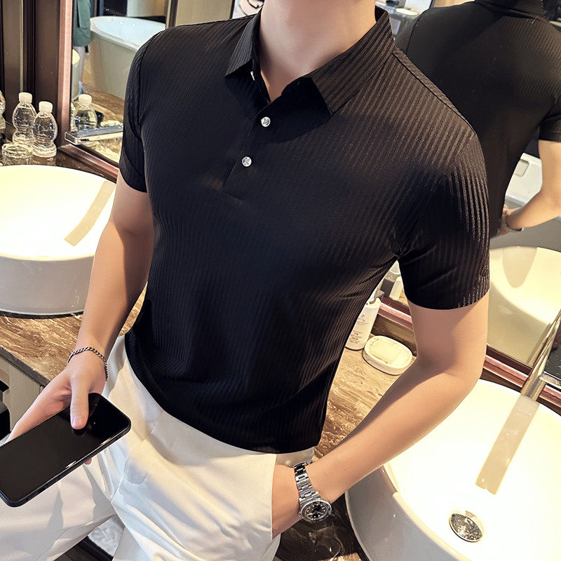 夏季冰丝薄款暗条纹polo